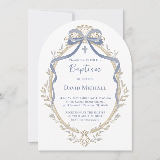 Invitation ruban bleu élégant cadre beige Baptême (Devant)