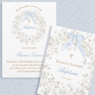 Invitation ruban bleu fleurs de bébé blanc Baptême