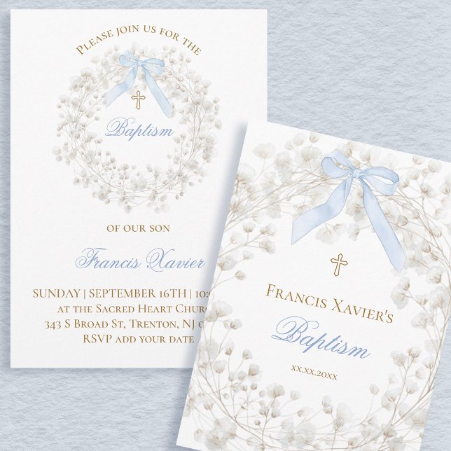 Invitation ruban bleu fleurs de bébé blanc Baptême (Créateur téléchargé)