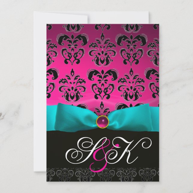 INVITATION RUBAN BLEU FUCHSIA NOIR  DAMAS MONOGRAMME (Devant)