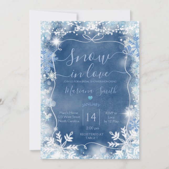 Invitation Ruban Bleu Neige en Amour Flocon de Neige Shower d (Devant)