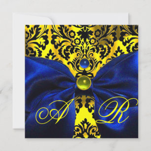 INVITATION RUBAN BLEU OR JAUNE  NOIR  DAMAS MONOGRAMME