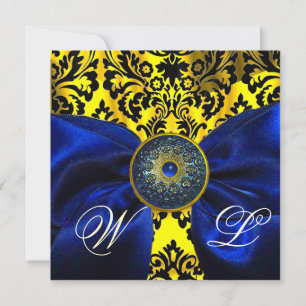 INVITATION RUBAN BLEU OR JAUNE  NOIR  DAMAS MONOGRAMME