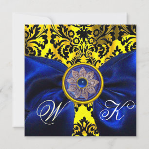 INVITATION RUBAN BLEU OR JAUNE  NOIR  DAMAS MONOGRAMME