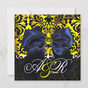 INVITATION RUBAN BLEU OR JAUNE  NOIR  DAMAS MONOGRAMME