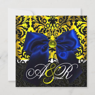 INVITATION RUBAN BLEU OR JAUNE  NOIR  DAMAS MONOGRAMME