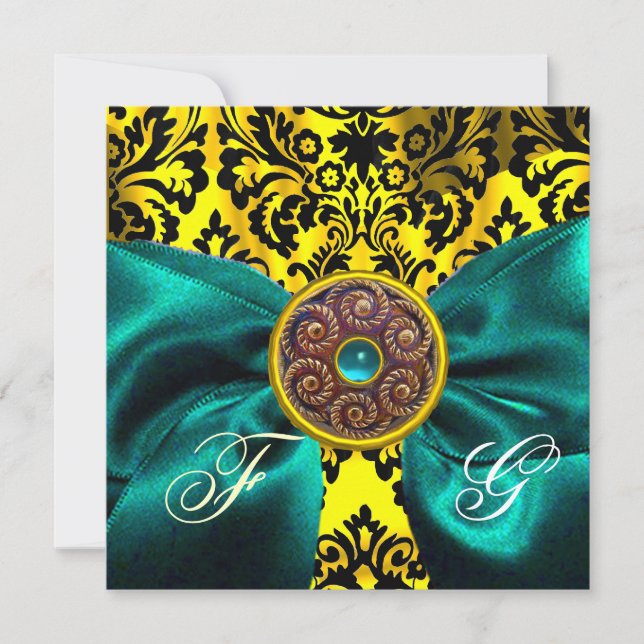 INVITATION RUBAN BLEU OR JAUNE  NOIR  DAMAS MONOGRAMME (Devant)
