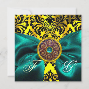 INVITATION RUBAN BLEU OR JAUNE  NOIR  DAMAS MONOGRAMME