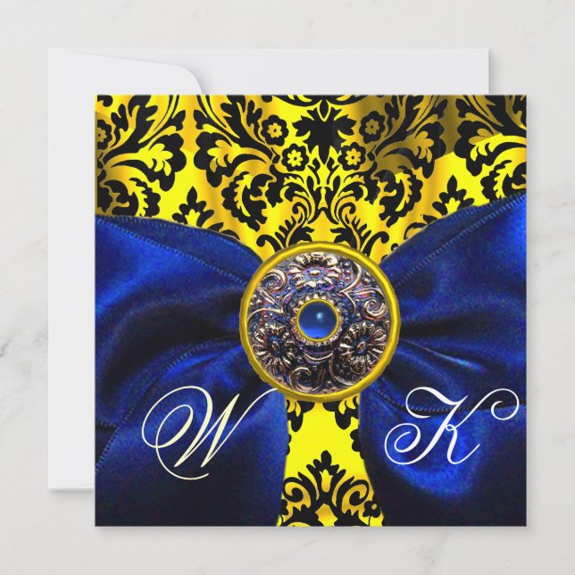 INVITATION RUBAN BLEU OR JAUNE  NOIR  DAMAS MONOGRAMME (Devant)