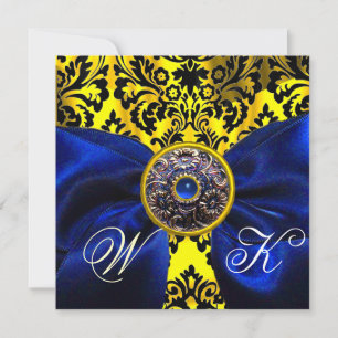 INVITATION RUBAN BLEU OR JAUNE  NOIR  DAMAS MONOGRAMME