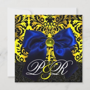 INVITATION RUBAN BLEU OR JAUNE  NOIR  DAMAS MONOGRAMME