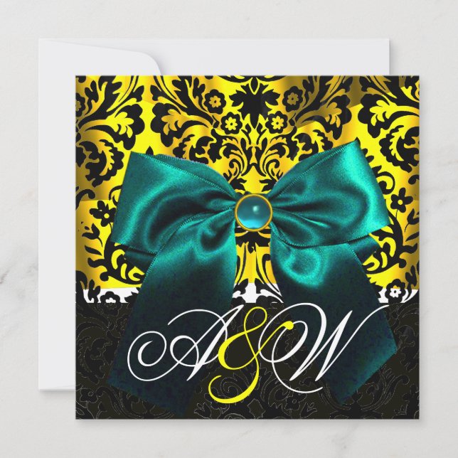 INVITATION RUBAN BLEU OR JAUNE  NOIR  DAMAS MONOGRAMME (Devant)