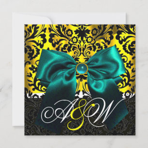 INVITATION RUBAN BLEU OR JAUNE NOIR DAMAS MONOGRAMME