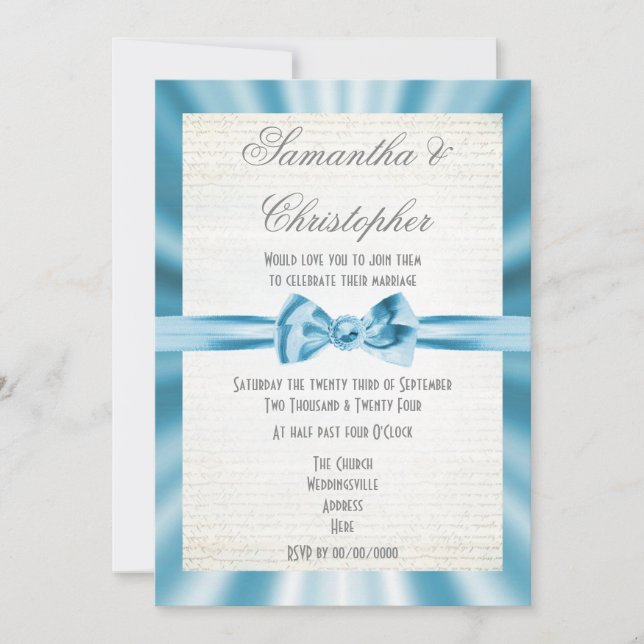 Invitation Ruban bleu pâle simple mariage (Devant)
