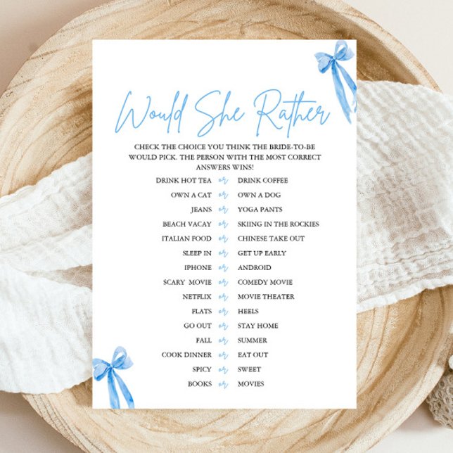 Invitation Ruban Bleu Poussiéreux "Préférerait-Elle" Jeu de B (Modern Watercolor Dusty Blue Bow Would She Rather Bridal Shower Game)
