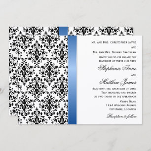 Invitation Ruban bleu royal imprimé et Mariage damassé