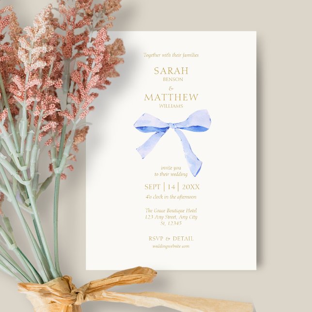 Invitation Ruban bleu simple | Mariage blanc désactivé (Créateur téléchargé)