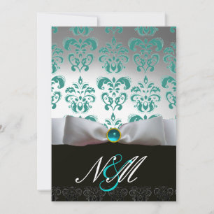 INVITATION RUBAN BLEU TURQUOISE BLANC  MONOGRAMME EN DAMAS NO