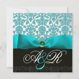 INVITATION RUBAN BLEU TURQUOISE BLANC NOIR  DAMAS MONOGRAMME