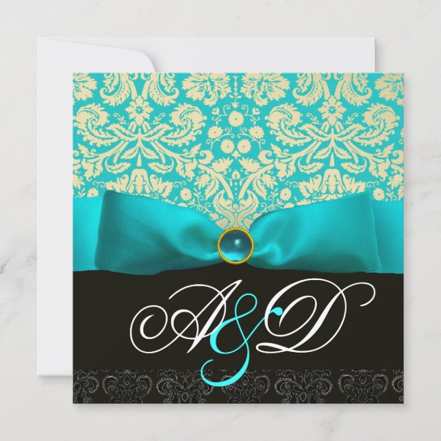 INVITATION RUBAN BLEU TURQUOISE BLANC NOIR DAMASQUE MONOGRAMM (Devant)