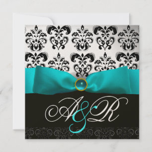 INVITATION RUBAN BLEU TURQUOISE BLANC NOIR  DAMASSÉ MONOGRAMM