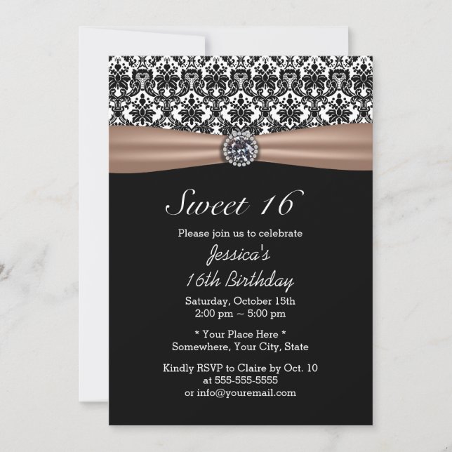 Invitation Ruban classique & Damask Diamond Sweet 16 (Devant)