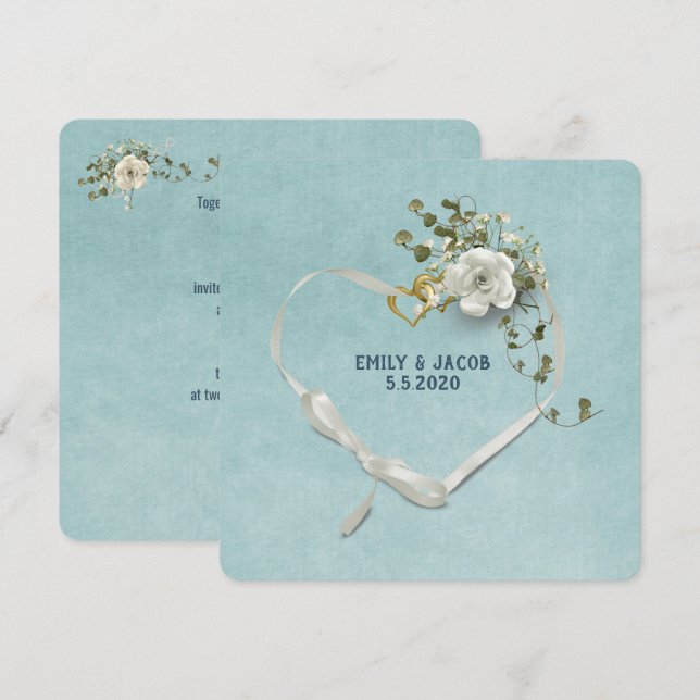 Invitation Ruban coeur mariage et anneaux avec bouquet de ros (Devant / Derrière)