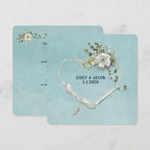 Invitation Ruban coeur mariage et anneaux avec bouquet de ros