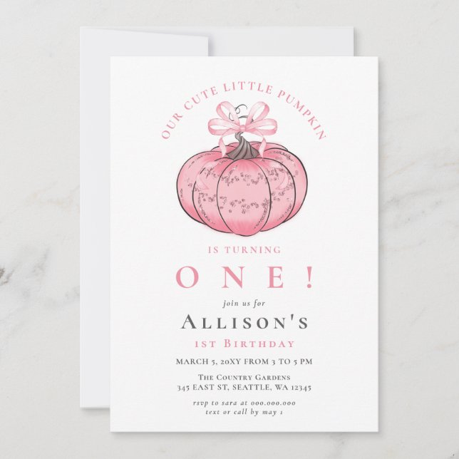 Invitation Ruban Coquette Citrouille Rose Fille Anniversaire  (Devant)