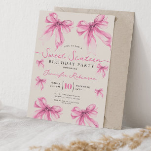 Invitation Ruban Coquette Féminin Anniversaire 16 Ans Rose Pâ