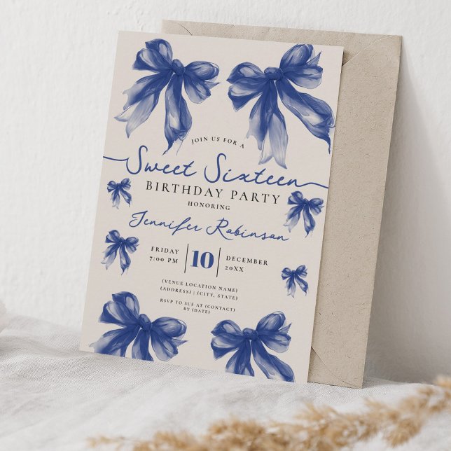 Invitation Ruban Coquette Féminin Douce 16e Anniversaire Bleu (Girly Coquette Bow Sweet 16 Birthday Navy Blue Invitation)