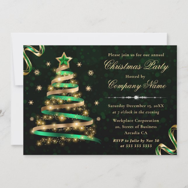 Invitation Ruban d'arbre de Noël d'entreprise Vert et Or (Devant)