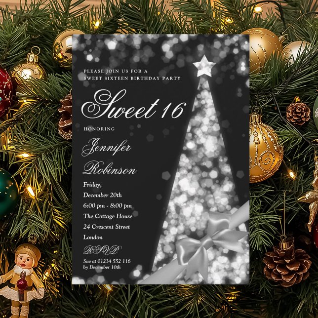 Invitation Ruban d'arbre de Noël en argent moderne pour un an (Modern Silver Xmas Tree Ribbon Sweet 16 Birthday Invitation)
