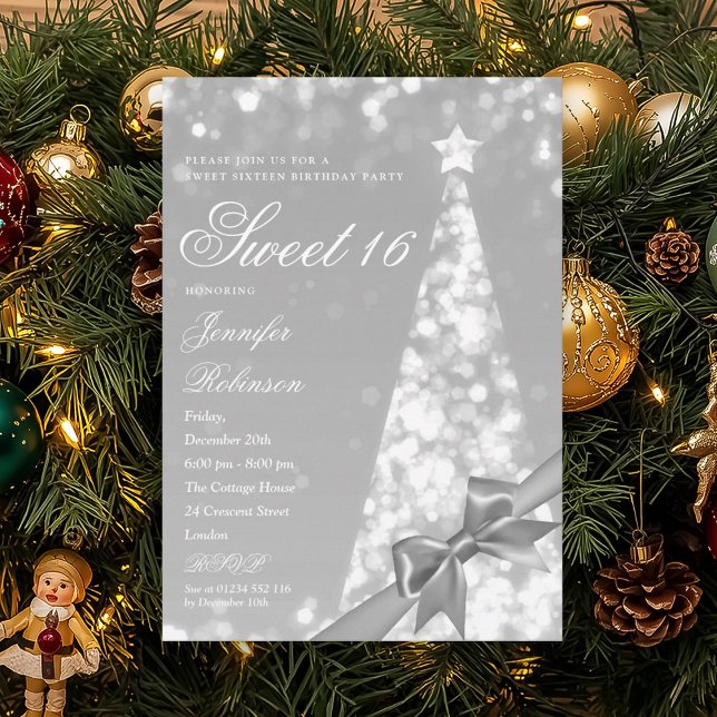 Invitation Ruban d'arbre de Noël moderne pour fête d'annivers (Modern Xmas Tree Ribbon Sweet 16 Birthday Party Invitation)