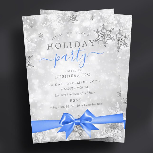 Invitation Ruban d'argent officiel Entreprise Fête de vacance (Formal Silver Ribbon Corporate Holiday Party Blue Invitation)