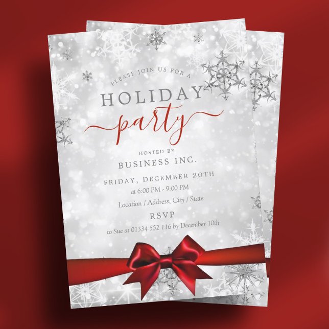 Invitation Ruban d'argent officiel Entreprise Fête Rouge (Formal Silver Ribbon Corporate Holiday Party Red Invitation)