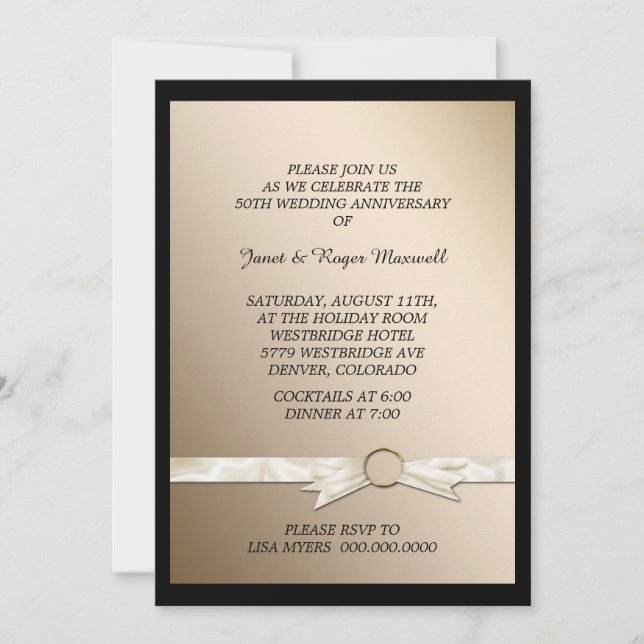 Invitation Ruban de Faux Élégant Anniversaire de Mariage Doré (Devant)