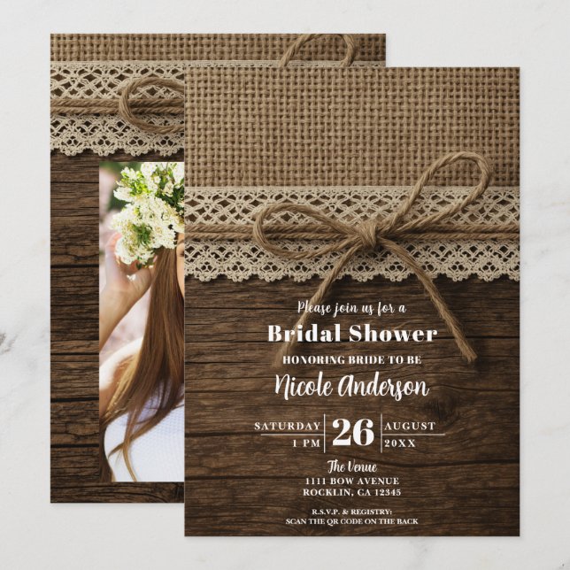 Invitation Ruban de ficelle rustique en bois et dentelle pour (Devant / Derrière)