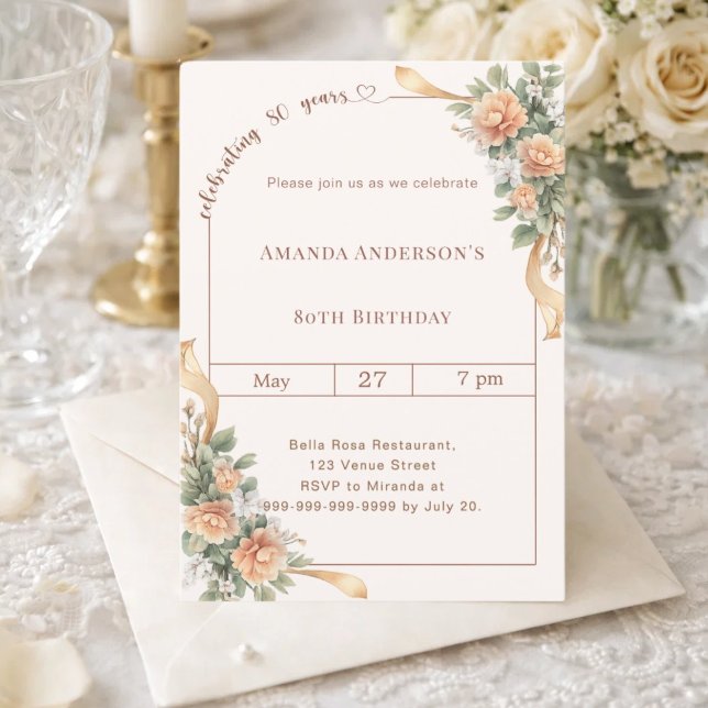 Invitation Ruban de fleurs de crème ivoire pour 80e anniversa (Créateur téléchargé)