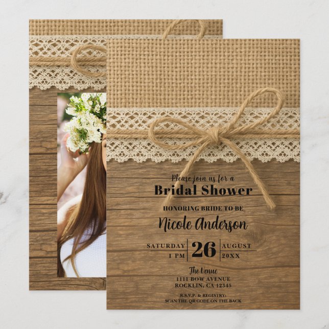 Invitation Ruban de jute rustique Bois et dentelle pour une f (Devant / Derrière)