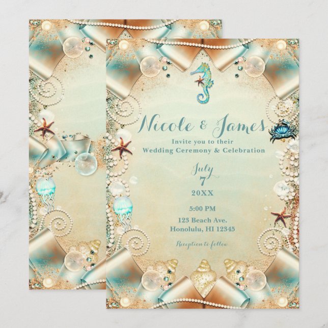 Invitation Ruban de mariage Perles de mer sous crème enchanté (Devant / Derrière)