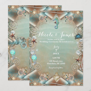 Invitation Ruban de mariage Perles sous la mer sarcelle encha