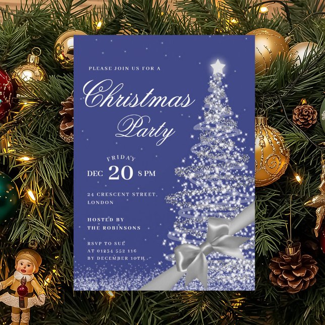 Invitation Ruban de Noël d'hiver de la Marine Argentée Fêtes  (Silver Navy Winter Christmas Tree Bow Holiday Invitation)