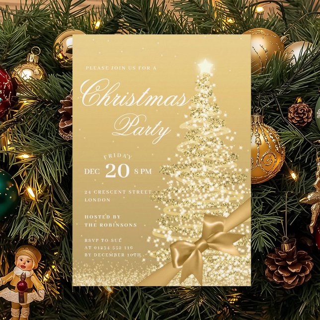 Invitation Ruban de Noël d'hiver en or formel pour l'arbre de (Formal Gold Winter Christmas Tree Bow Holiday Invitation)
