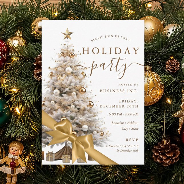 Invitation Ruban de Noël doré pour arbre de Noël pour fête de (Gold Christmas Tree Bow Corporate Holiday Party Invitation)