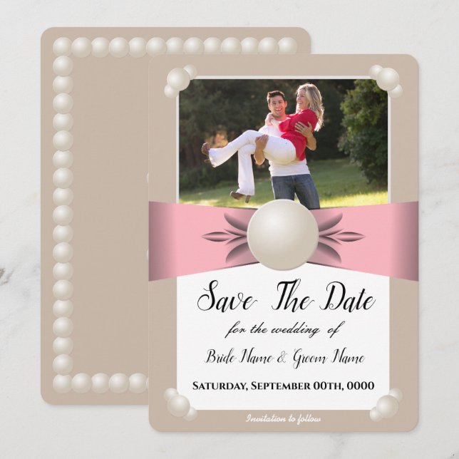 Invitation Ruban de perle en blush et beige mat Photo Save Th (Devant / Derrière)