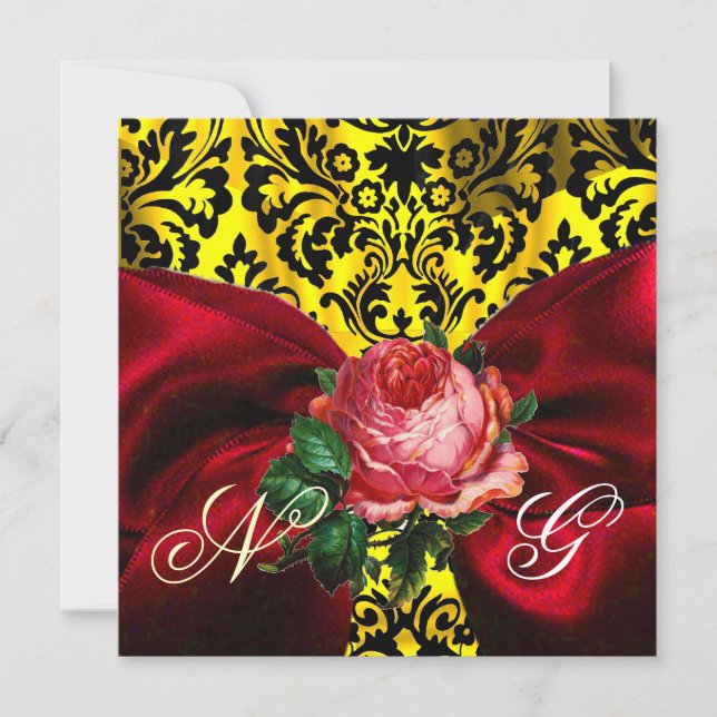 INVITATION RUBAN DE ROSE ROUGE OR JAUNE NOIR DAMAS MONOGRAMME (Devant)