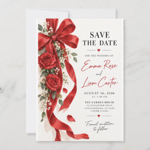 Invitation Ruban de Satin Rouge et Roses Enregistrez la Date