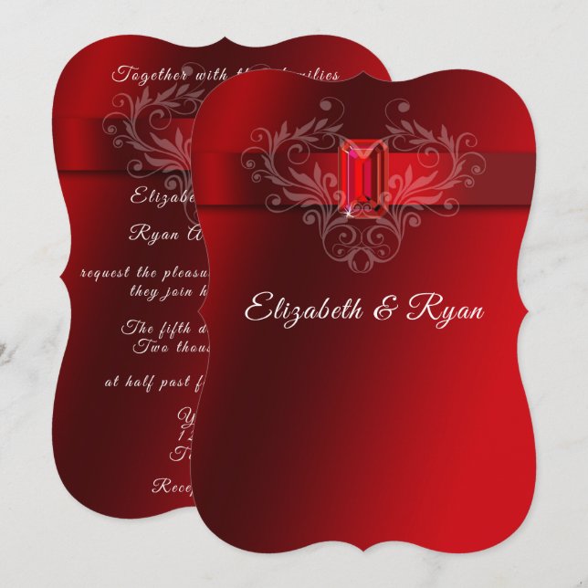 Invitation Ruban de satin rouge mariage scintillant rubis (Devant / Derrière)