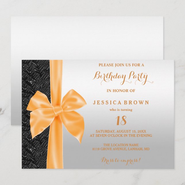 Invitation Ruban de soie orange avec sequins noirs pour 18ème (Devant / Derrière)